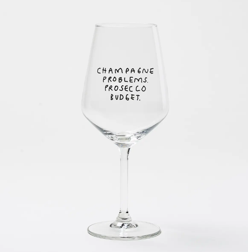 Weinglas Johanna Schwarzer Champagne Problems Prosecco Budget mit schwarzem Siebdruck und 53 cl Fassungsvermögen