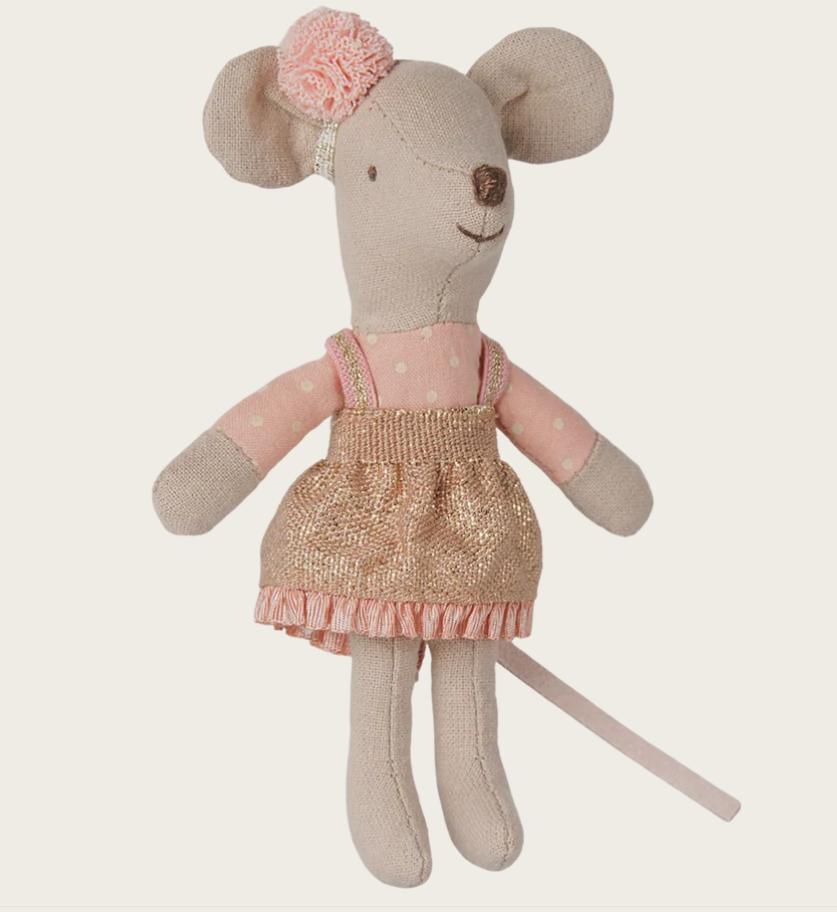 Maileg Fahrerin-Maus Kleine Schwester – Mit Glitzerkleid