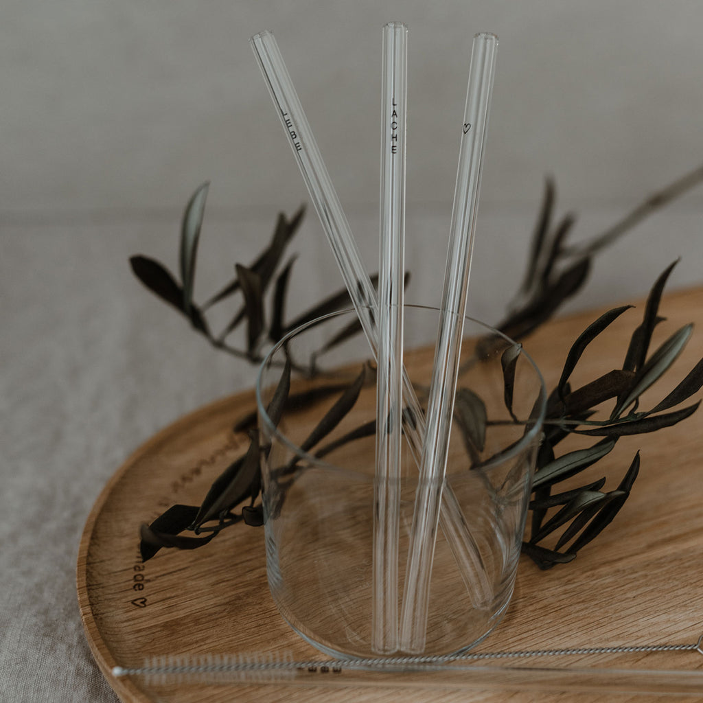 Strohhalme Lebe Liebe Lache schwarz aus Glas 20cm im 4er Set Eulenschnitt
