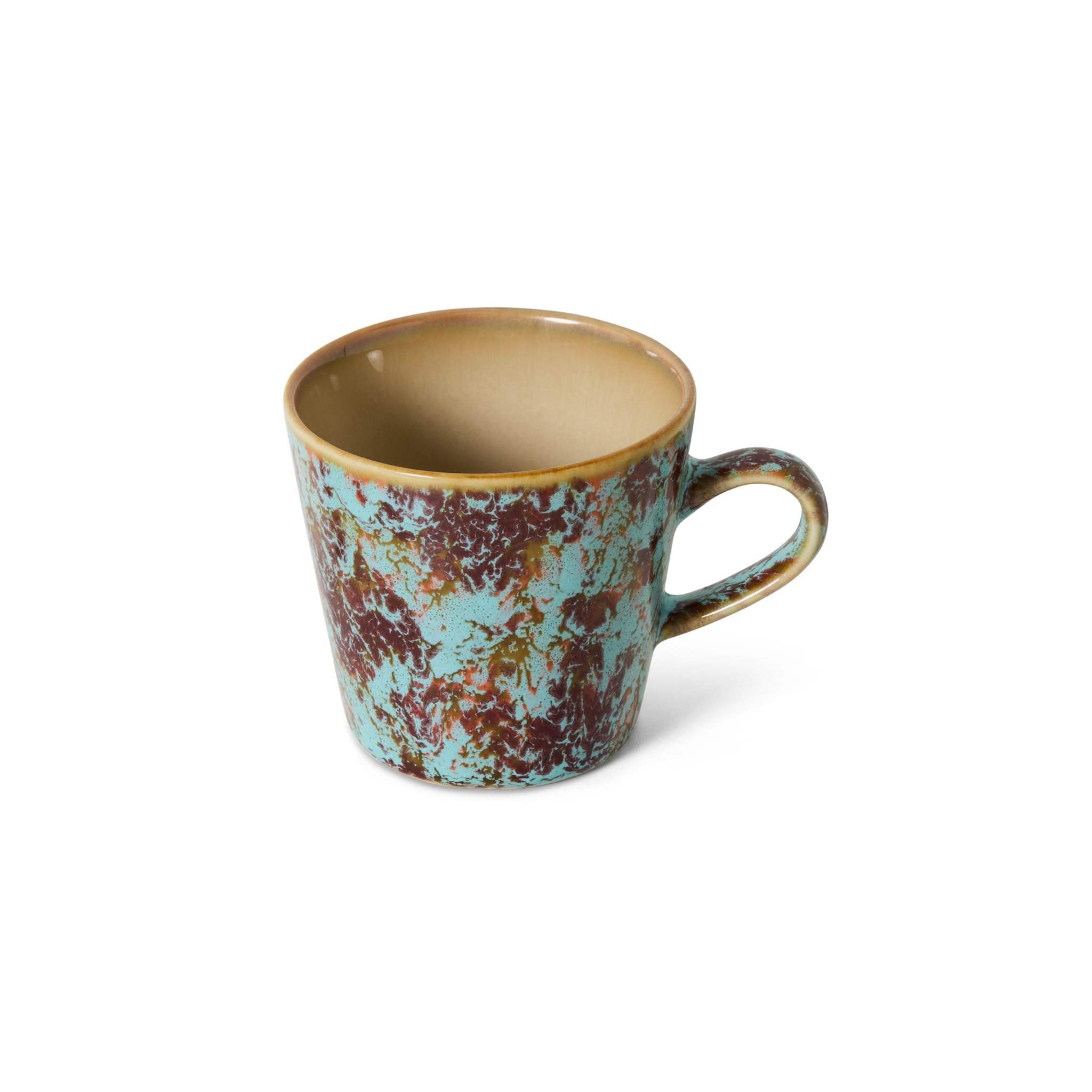Kaffeebecher mit Henkel aus Steingut im 70er-Jahre-Patina-Stil, handgefertigt und spülmaschinenfest