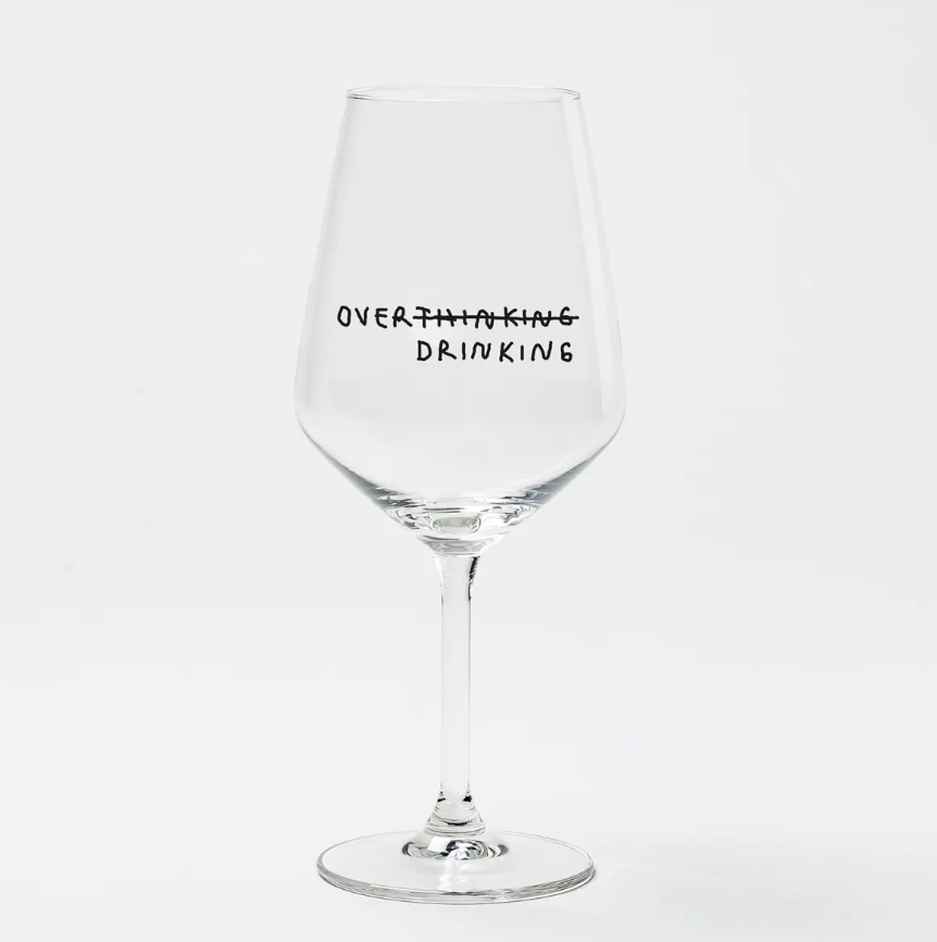 Weinglas Johanna Schwarzer Over Thinking/Drinking, 21,7 cm, 53 cl, schwarzer Siebdruck, geeignet für Spritz, Weiß, Rot, Rosé, inklusive Geschenkverpackung