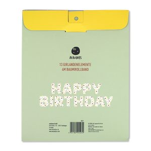 Rückseite einer grün-gelben Girlanden Verpackung avaundyves logo Vorschau der Girlande "Happy Birthday" ist zu sehen